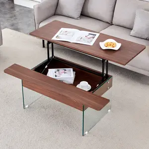 Multifunctional Lift Top Coffee Table Dark Wood Grain Sticker Tempered Glass Legs Modern Home Style Versatile Design Spacious Storage Space Ergonomic Design