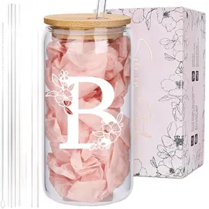 Personalized Initial Jar cup with Floral Design and Bamboo Lid for Custom Gifts