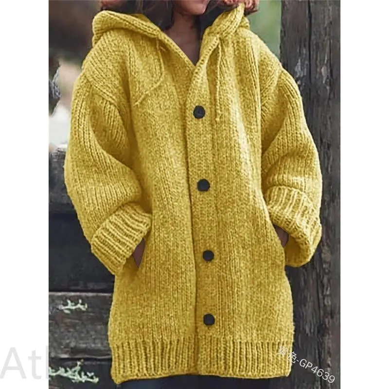 Women's Open Front Hooded Cowl Neck Mid-Length Print Knit Cardigan, Plus Size Friendly Tops