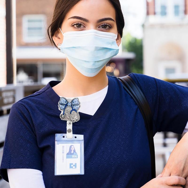 Sparkle Stethoscope Bow Badge Clip Set, Includes Fluorescent Pen & Multicolor Ballpoint Pens, Transparent Card Case, Retractable Keychain Design, Nurse Badge Reel