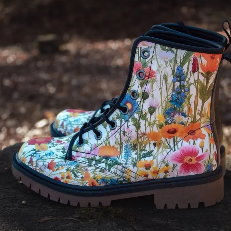 Bright Wildflowers Vegan Leather Boots with Durable Lace-Up Closure