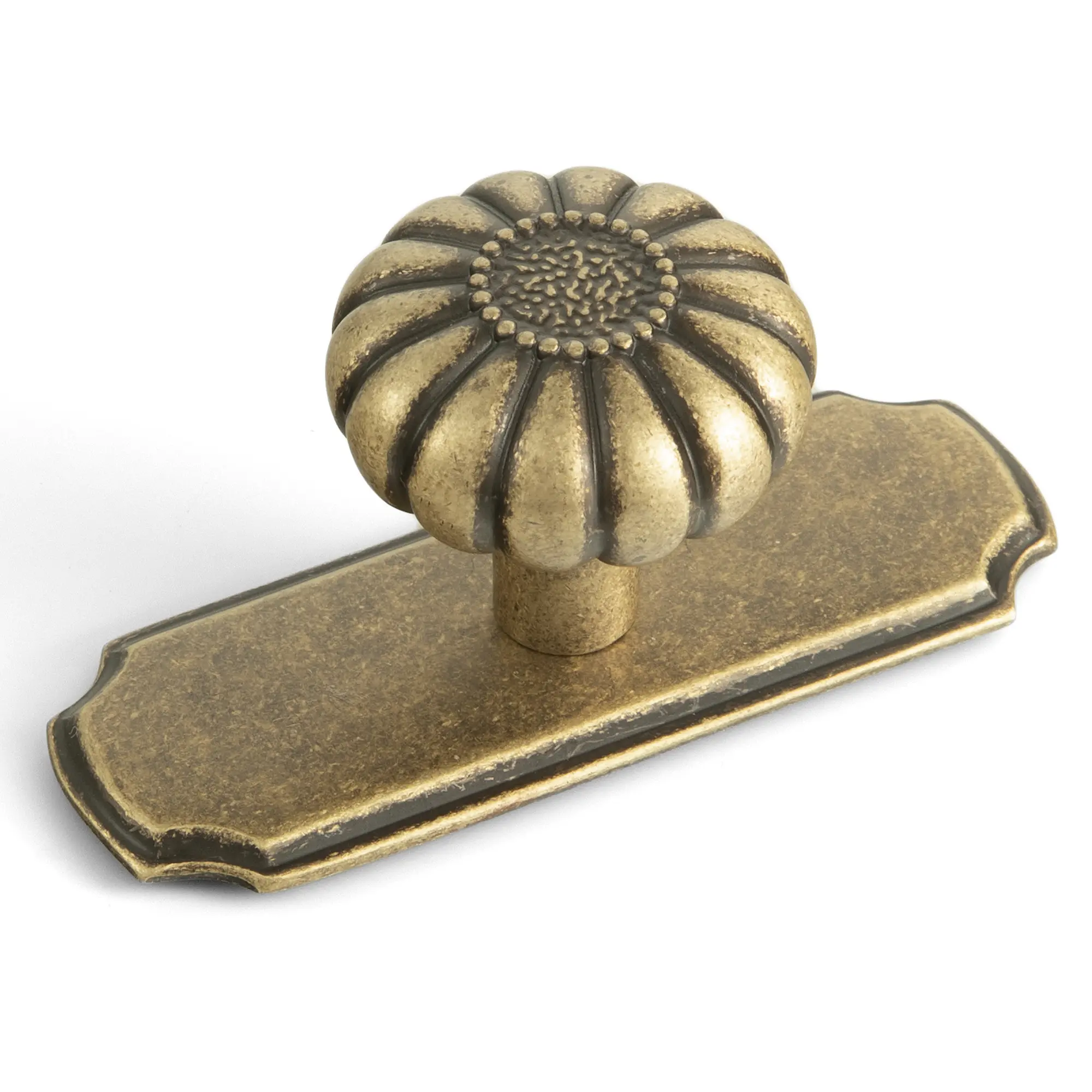 Set of 6 - Elegant Vintage Bloom Antique Brass Cabinet Knobs with Backplate, Drawer Pulls for Kitchen, Dresser Cabinet Hardware for Bedroom, 1-1/4 Inches Diameter Handles
