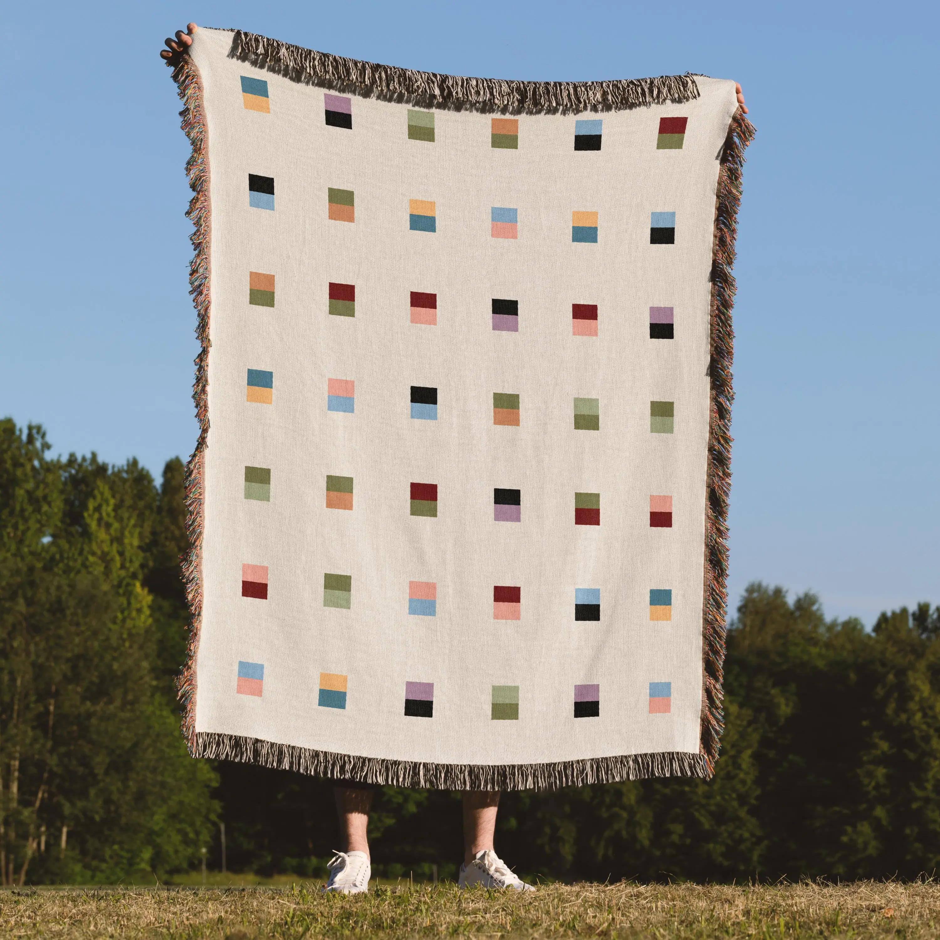 Modern Woven Blanket with Multicolor color blocks, 100% Cotton Throw, Jacquard Bedspread, Bauhaus Style Home Decor