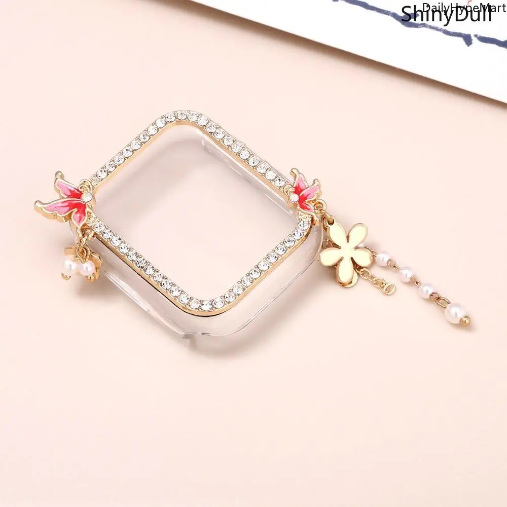 ShinyBull Fashion Apple Watch Case - 38-49mm for Series 1-10 SE Ultra 2, DIY PC Protective Cover with Integrated Film, Sparkly Design with Flower, Butterfly & Pearl Tassel Pendant, Wearable Tech Accessory for Protection
