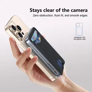 3-in-1 Magnetic Wireless with Card Holder | 5000mAh Portable Fast Charging Charger + Phone Stand | Ultra-Thin & Portable for iPhone 12/13/14/15/16/17 Pro Max | Metal & Leather Design, Compact On-the-Go Charger