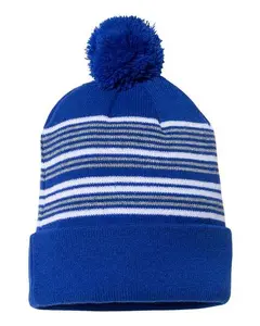 Sportsman SP60 12" Striped Pom-Pom Cuffed Beanie