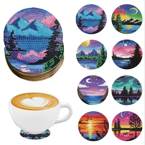Landscape Pattern DIY Craft Diamond Arts Colorful Painting Coaster Kit, Diamond Painting Coasters, 8pcs/set DIY Decorative Coaster for Home Kitchen Office Desk, Home Decoration, DIY Kits