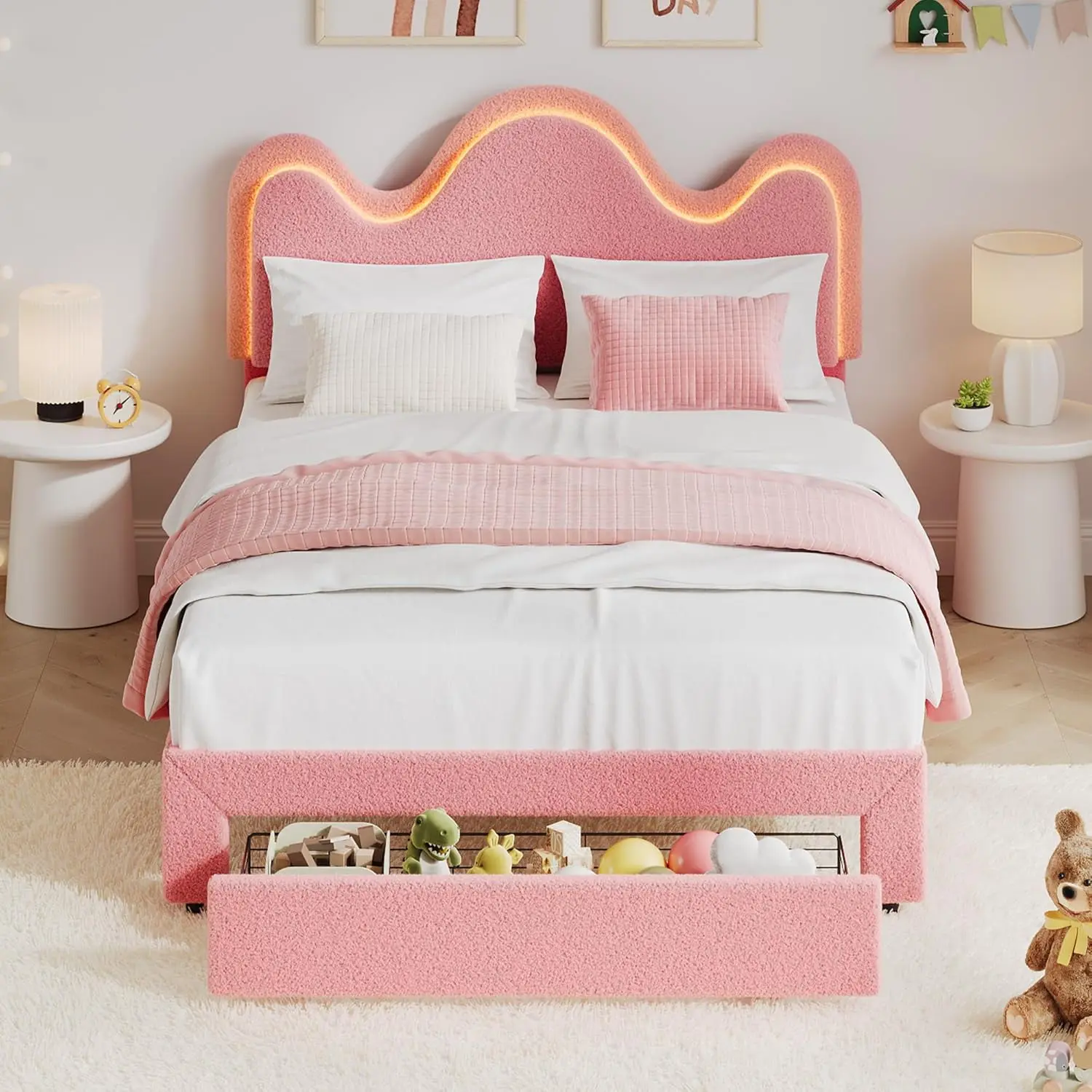 Gaomon Blush Pink Lamb Velvet Full-Size Princess Bed Frame with Headboard, Adjustable Glam Design, Sturdy Wooden Slat Platform, No Box Spring Needed, Secure Noise-Free Structure, LED Light for Girls