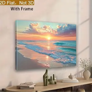 2Dflat Framed 2D Flat, 1 Piece Tranquil Beach Sunrise Canvas Painting - Framed Coastal Wall Decor, Vibrant Sunrise Colors, Thickened Edged Canvas, High-Quality Printing, Suitable for Bedroom, Living Room, and Beach House, Tranquil Seascape Art, Horiz