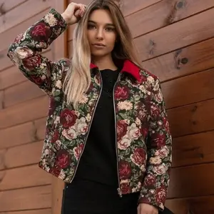 Floral Jacquard Tapestry Bomber Jacket with Red Corduroy Collar and Vintage Rose Pattern Zipper