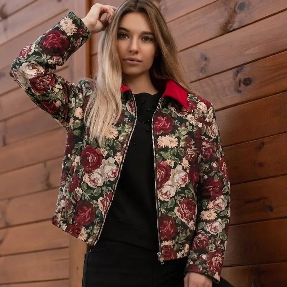 Floral Jacquard Tapestry Bomber Jacket with Red Corduroy Collar and Vintage Rose Pattern Zipper