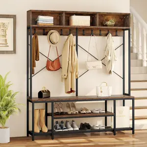 Entryway Bench with Coat Rack, 5-in-1 Hall Tree with Shoes Storage, Industrial Freestanding Coat Rack Shoe Bench with Storage Shelves, 10 Hooks for Hallway, Bedroom, Rustic Brown