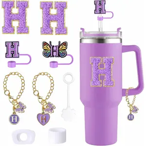 9 count Cup Accessories Set, Butterfly Straw Cover Cap for  Cup 30oz/40oz,Sticker for  Decorations,Initial Letter Charm Personalized Spill-Proof  Stoppers (Purple H)
