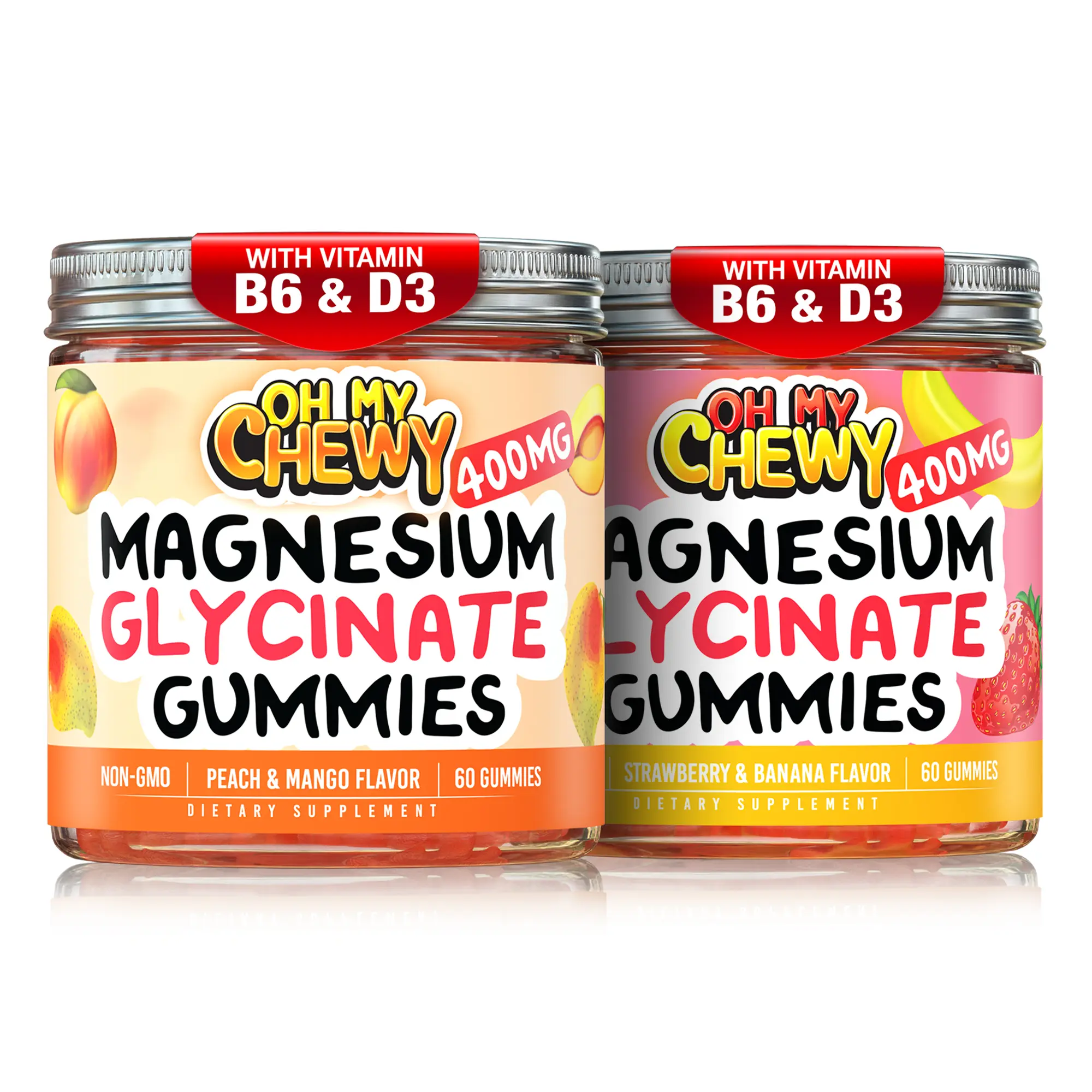 OH MY CHEWY Chewable Magnesium Glycinate Gluten-Free Gummies Bottle Set - 2 Bottles (60 Each) - Strawberry Banana, Peach Mango Flavors - Clean Edible Vitamin Supplements for Children, Outdoor Activities