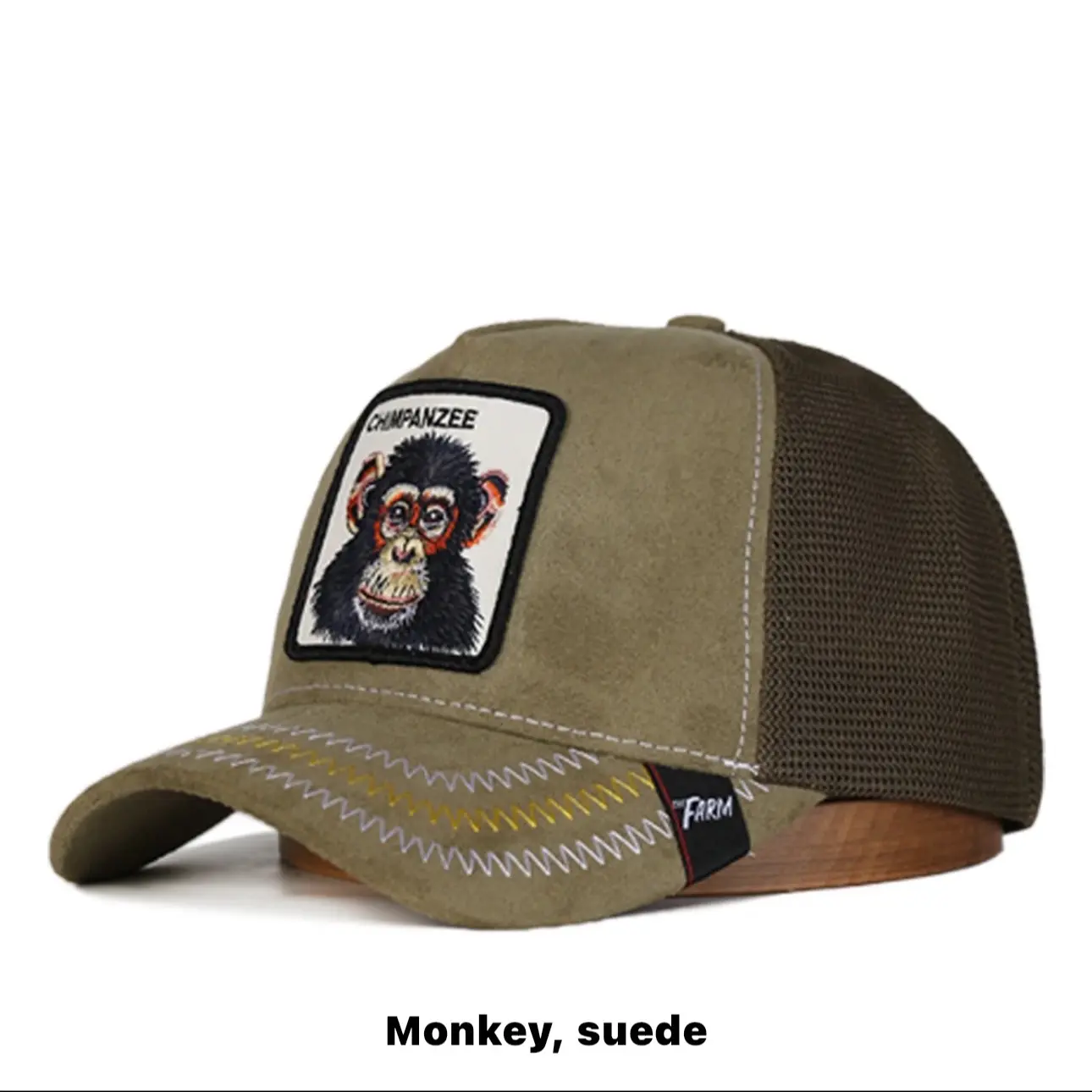 Vintage Grey Suede Monkey Embroidered Trucker Cap for Men