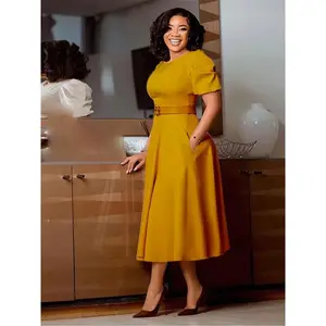 Cross-Border Women's Fashion European and American Amazon Round Neck Elegant Waist-Cinching Flared Puff Sleeve A-Line Dress African Dress