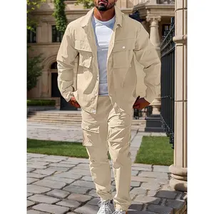 Men’s Plus Size Casual Long Sleeve Shirt and Trousers Set – Large Size Clothing Tops Suits Collar Menswear Beige