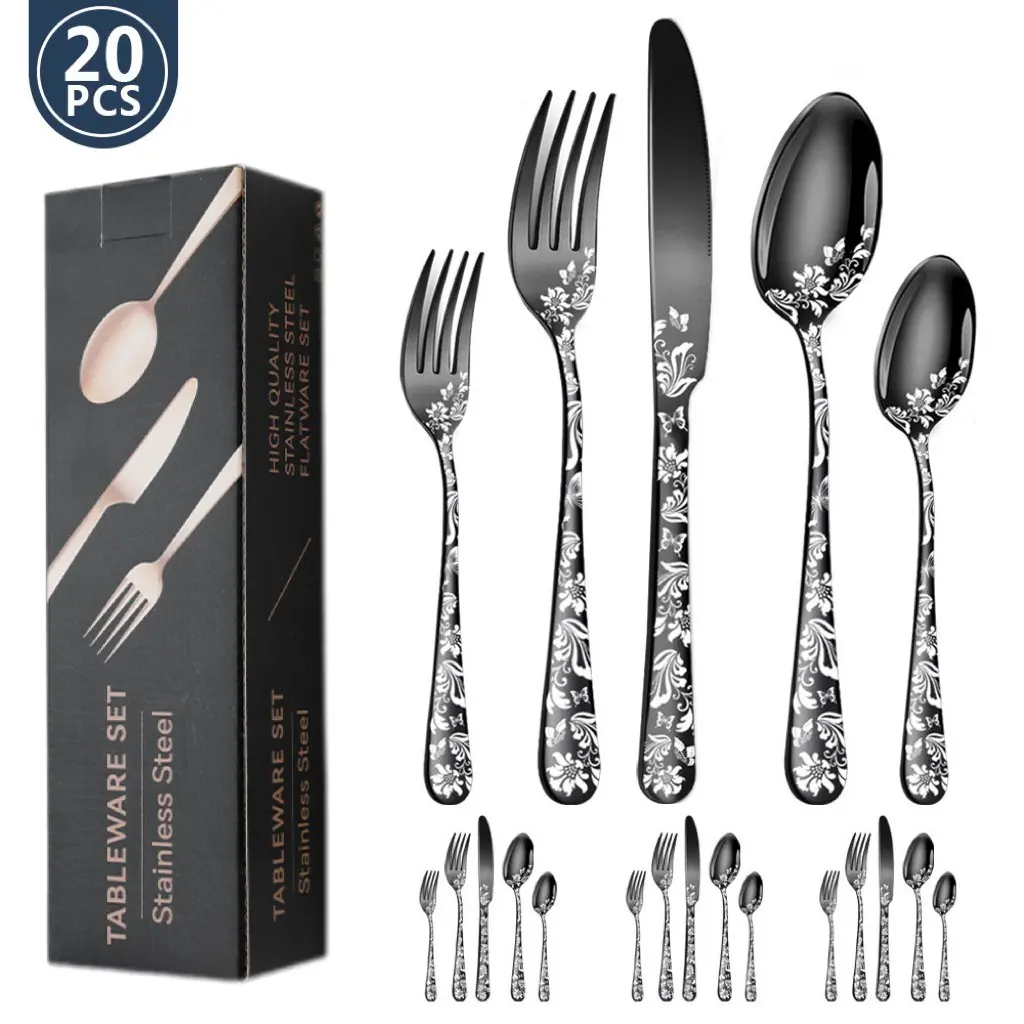 20pcs Knife Fork Spoon Set, Forks Spoons And Knives Set, Tableware Kit, Stainless Steel, Patterned Multiple Colors, Dishwasher Safe, Suitable for Restaurant Home Wedding Party, Tableware Sets, Utensils Set