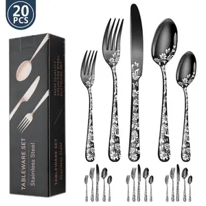 20pcs Knife Fork Spoon Set, Patterned Multiple Colors, Dishwasher Safe, Suitable for Restaurant Home Wedding Party