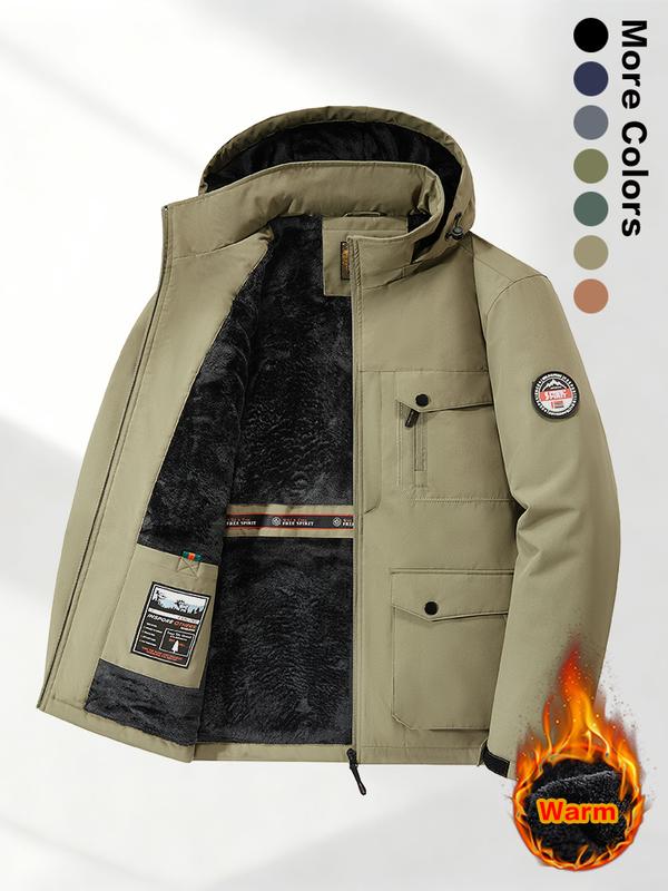 Men's Winter Sherpa Fleece Lined Hooded Jacket, Warm Windproof Multi-Pocket Work Coat, Suitable for Outdoor Activities and Casual Wear
