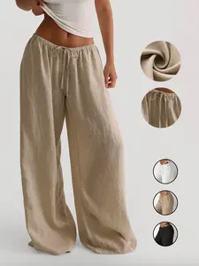 Women's Casual Basic Elastic Waist Side Pocket Wide Leg Solid Pants, Comfortable Versatile Loose Flowy Pants,Comfortable and Versatile, Perfect for Daily Wear, Stylish and Practical