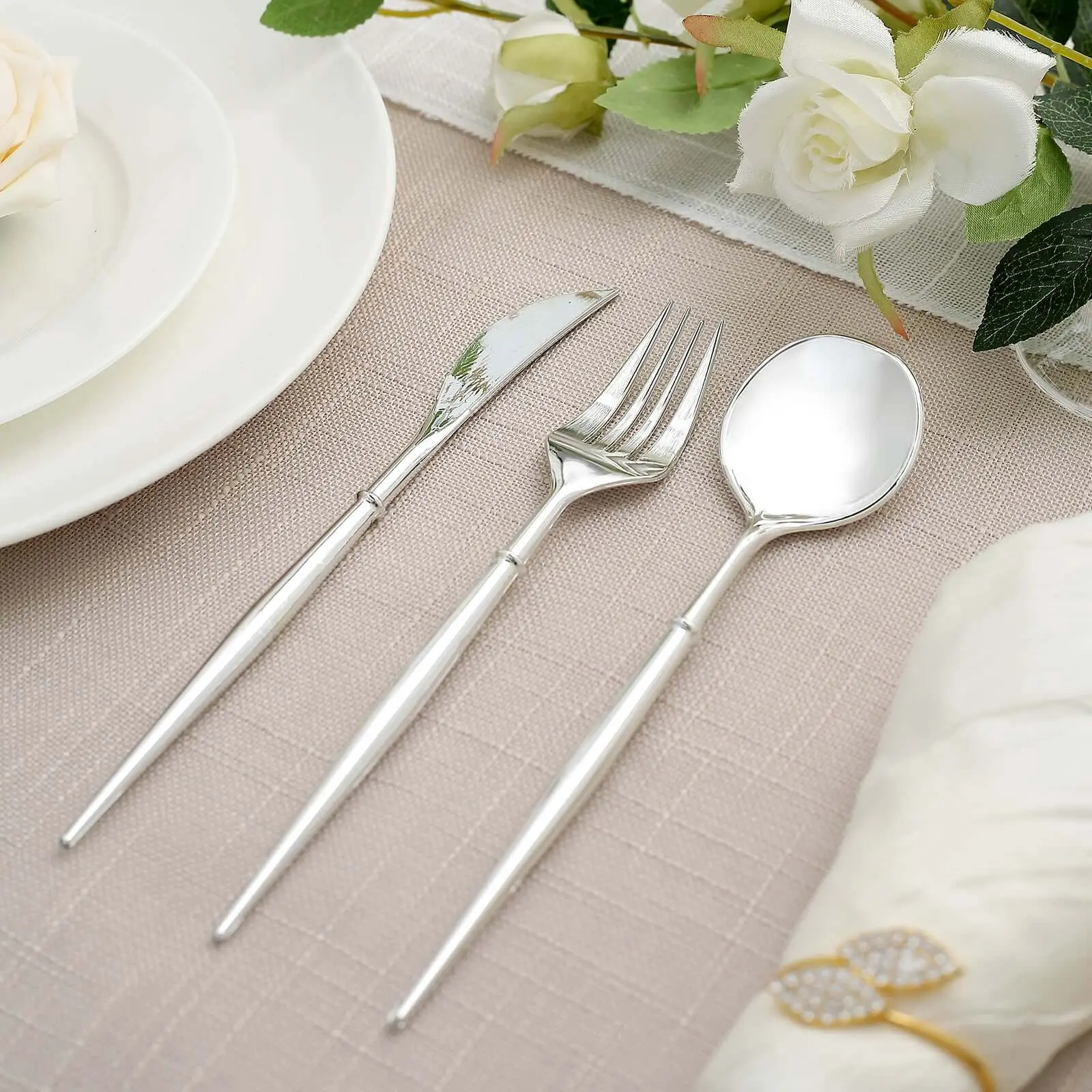 24-Pack Silver Plastic Cutlery Set - Heavy-Duty Disposable 8" Modern Tableware for Home, Party, Wedding Supplies