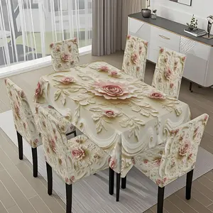 5/7-piece 2D Flat Printing Off - white Relief Rose Decoration Printing Pattern Tablecloth and Chair Cover Set, for dining table and chair decoration, perfect for home, holiday gatherings, restaurants, and parties.
