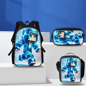 Durable Water Resistant 3-Piece Backpack Set for Kids, Lightweight School Bag with Lunch Box, Featuring Cool Blue Pixel Block Character Full-Print, Surrounding Thunder Lightning Effect & Bright Glowing Texture Graphic for Game Fans Daily School & Outdoor