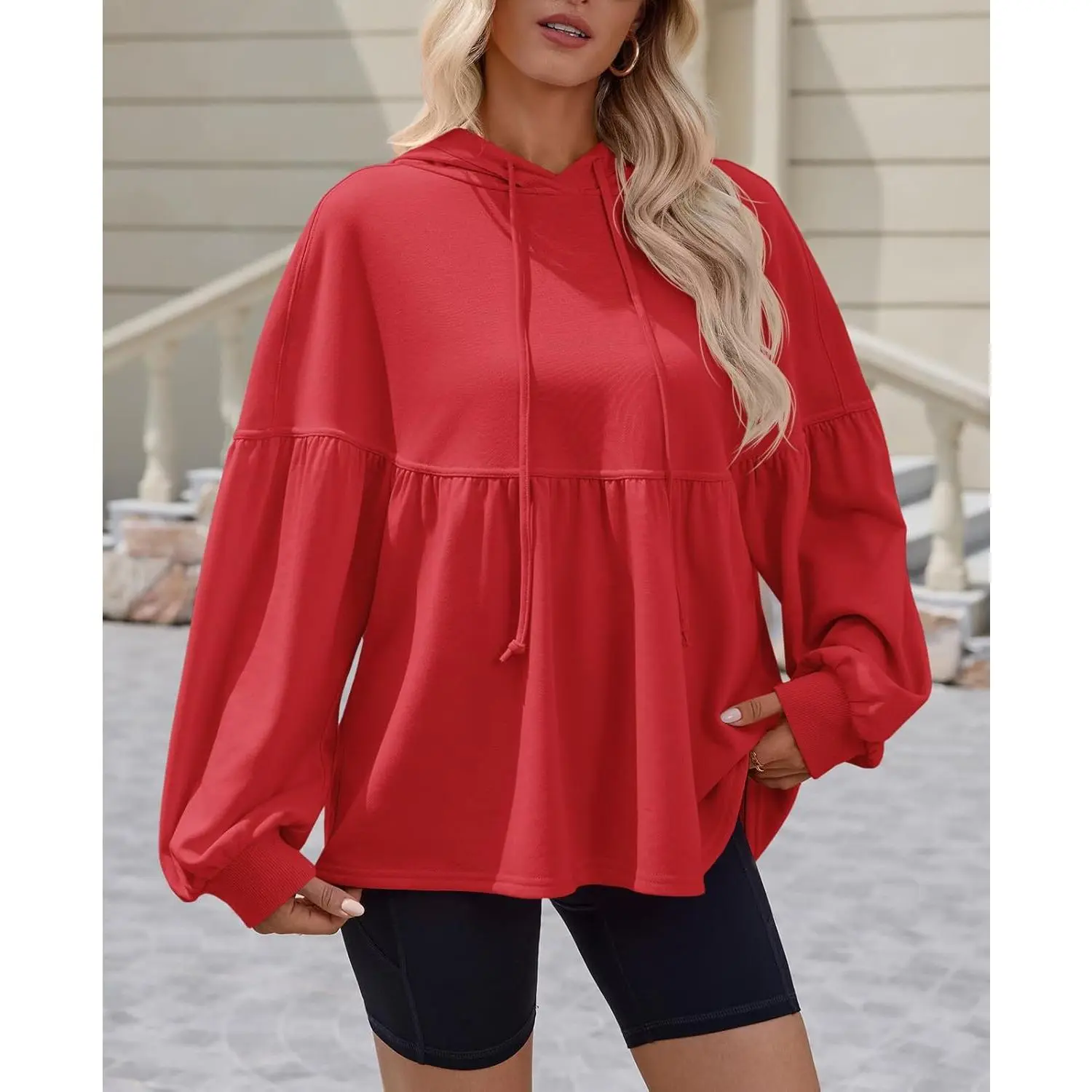 Imily Bela Womens Oversized Hoodies Sweatshirts Casual Lantern Long Sleeve Drawstring Peplum Hem Loose Hooded Pullover Tops