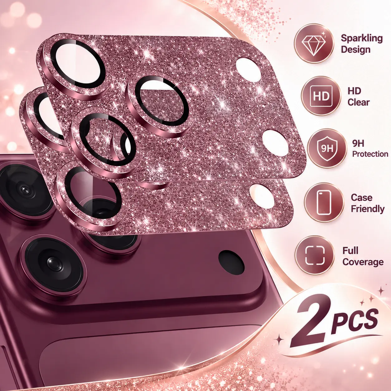 2 Pcs Glitter Camera Lens Protector For iPhone 18 Pro Max / iPhone 18 Pro, Full Cover 9H Tempered Glass Camera Protector, HD Clear Anti-Scratch Case Friendly Sparkly Bling Lens Cover