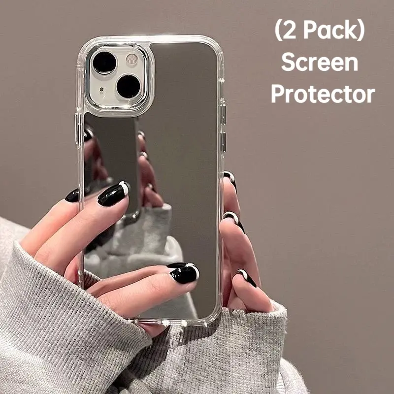 Makeup Mirror Smartphone Case with 2-Pack Screen Protector, Acrylic Shockproof Protective Cover for iPhone 17 Pro Max/17 AIR/16 Pro/15 Plus/14/13/12/11 Pro Max & Plus, Stylish High-End Cellphone Handheld Accessories