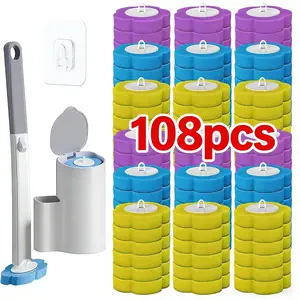 Disposable Toilet Brush Set, 1pc Toilet Brush + 108pcs Replacement Heads or 54pcs Replacement Heads with Base, Wall or Floor Mount, Bathroom Cleaning Home Supply, Toilet Brush 1Pc + 108Replacement Heads