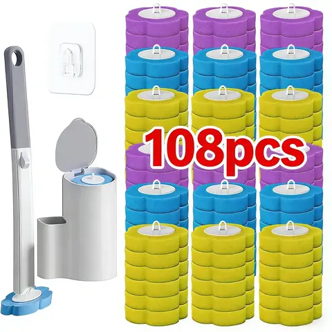 Replaceable Plastic Head Disposable Toilet Brush & Plunger Set with Cleaning System, Household Bathroom Supply - 1 Main Tool, 1 Detail Tool, Reusable Wall/Floor Mount Base, 54/108 Washable Refills (Includes 1pc Toilet Brush + 108 Replacement Heads Option)