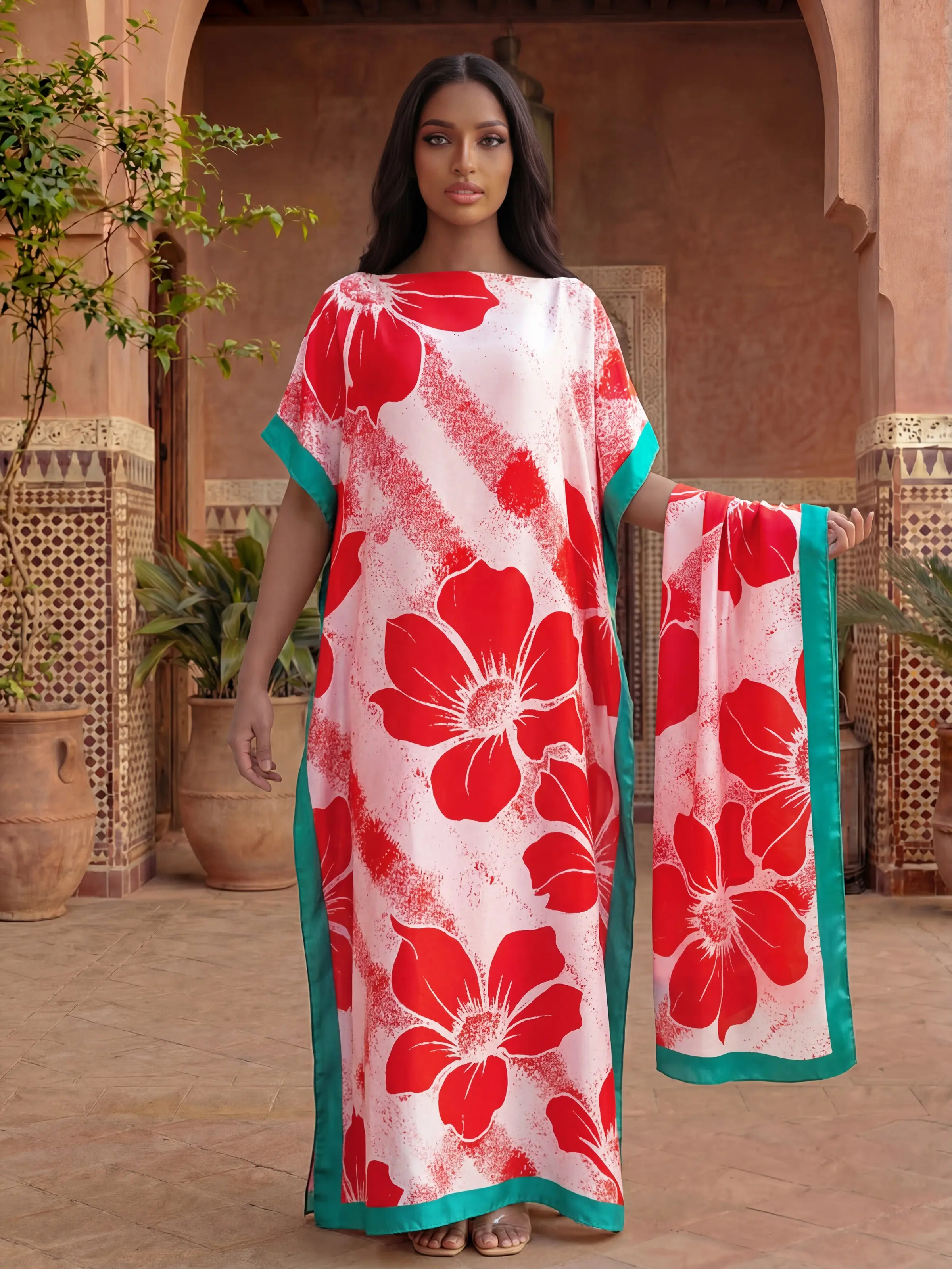 Fashion Floral Print Shawl Set, Elegant Fitted Neckwear for Women, Beach Sun Protection Silk Scarf, All-Season Accessory