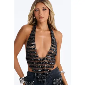 Sparkle Season Jeweled Chain Strap Halter Top - Black