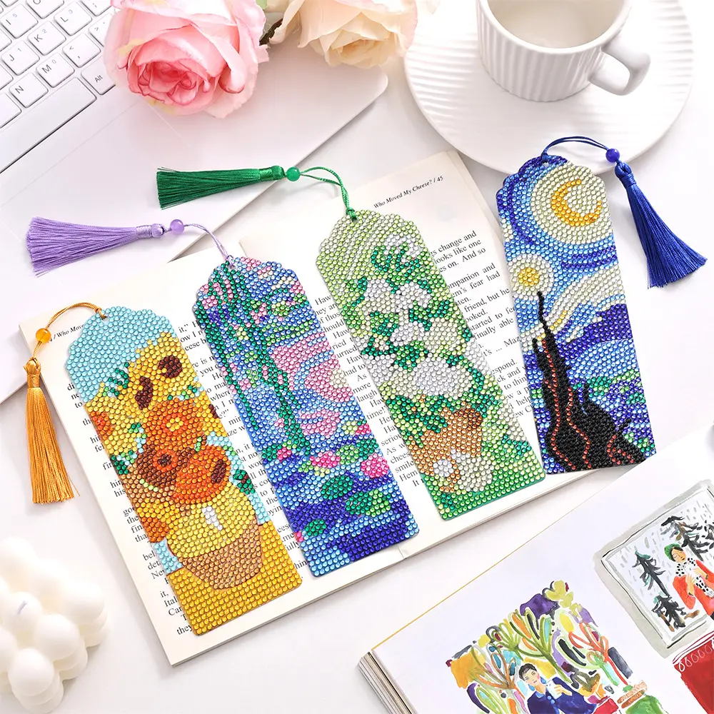 Diamond Art Bookmarks 4 Pieces Acrylic Oil Painting Series DIY Bookmarks for Adults & Beginners Small Craft Bookmark Set with Tassels for Reading Lovers and Friends