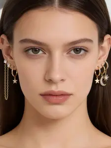 Gold Star Moon Earrings Set for Women Dainty Celestial Hoop Earrings with Chain Stackable Multiple Piercing Trendy Y2K Aesthetic Accessories Lightweight Delicate Fashion Jewelry Gift for Her Birthday Christmas Holiday Party Daily Wear For Teen Girls