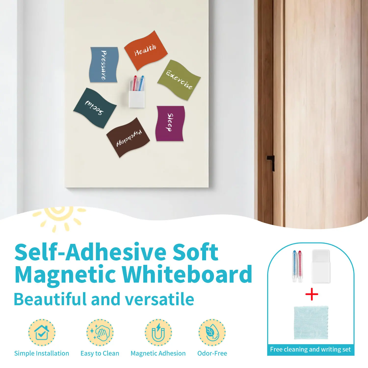 Soft Magnetic Whiteboard Wall Stickers, Self-Adhesive Removable Vinyl Decals, 2D Multi-Color Design, Easy to Clean & Reuse, Home Decor