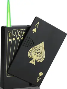 Jet Torch Lighter, Ace Card Red or Green Flame Lighter, Metal Poker Design Windproof Refillable Butane Cool Lighter, Outdoor, Indoor, Camping, BBQ, Candle, Birthday, Gift for Men/Women Flame color may vary(Without Gas)