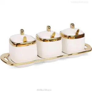 Sugar Bowl with Lid and Spoon,Ceramic Condiment Jars  Container with Tray,Salt and Sugar Containers, Condiment Canisters Pots Seasoning Box Set of 3 for Kitchen Coffee Bar,WhiteFFSummitSupply7DD16MunchMingle