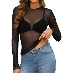 OFEEFAN Womens Mesh Tops Lace Long Sleeve Shirts Crewneck Slim Fitted Outfits See Through Blouses