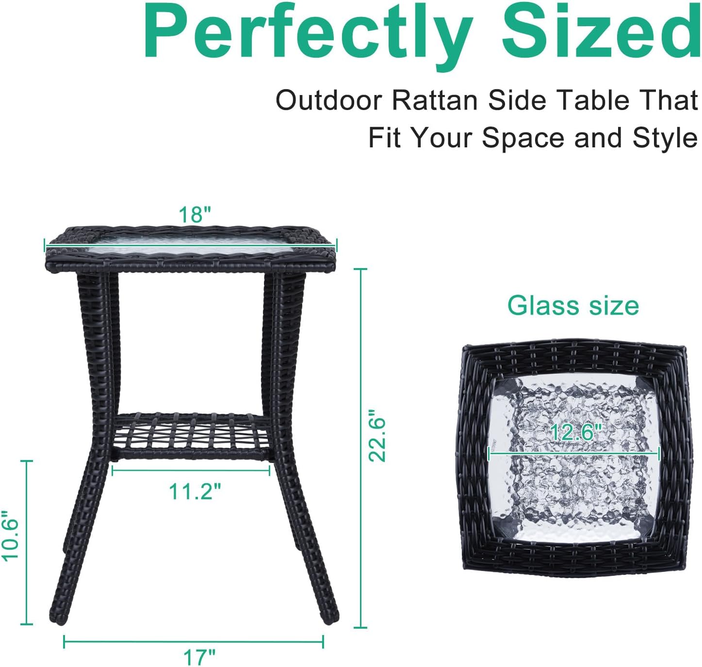 VINGLI Outdoor Side Table with Storage Wicker Patio Side Table, Tempered Glass Top End Table for Balcony Porch Deck