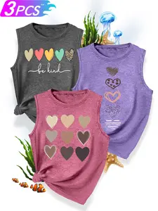 Women's 3-Pack Crew Neck Sleeveless Tank Tops, "be kind" Multi-Color Hearts, Brown Gradient Hearts & Multi-Texture Hearts Print, Multiple Colors Available, Machine Washable, Spring & Summer Top, Soft Skin-Friendly Fabric, Daily Versatile, Fashion Design