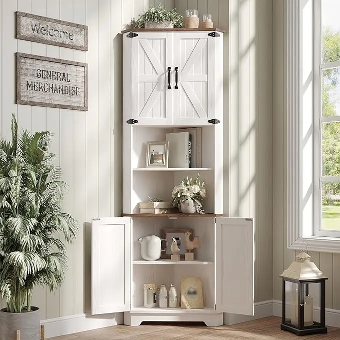 [Summergarden] Vabches 68.9" Tall Farmhouse Freestanding Wood Cupboard - Corner Sideboard with Storage, Barn Door Wood Cabinet Chest, Adjustable Shelves, Apartment Furniture for Kitchen, Living Room