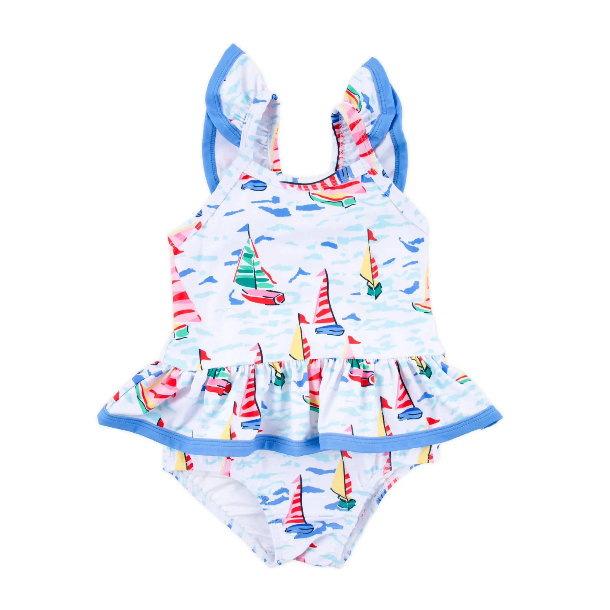 Watercolor Sailboat One Piece Swimsuit - Girls Swimwear with Bow and Peplum Ruffle