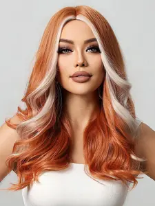 24 Inch Orange Highlight Long Wavy Wigs for Women, Gorgeous Fluffy Wigs without Bangs, Synthetic Full Machine Wigs for Party, Daily Use