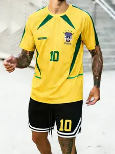 Men's Fashion Sportswear Set, Brazil Jersey Home/away No. 10 Ronaldinho Vintage Football Team Uniform & Graphic Print Drawstring Shorts