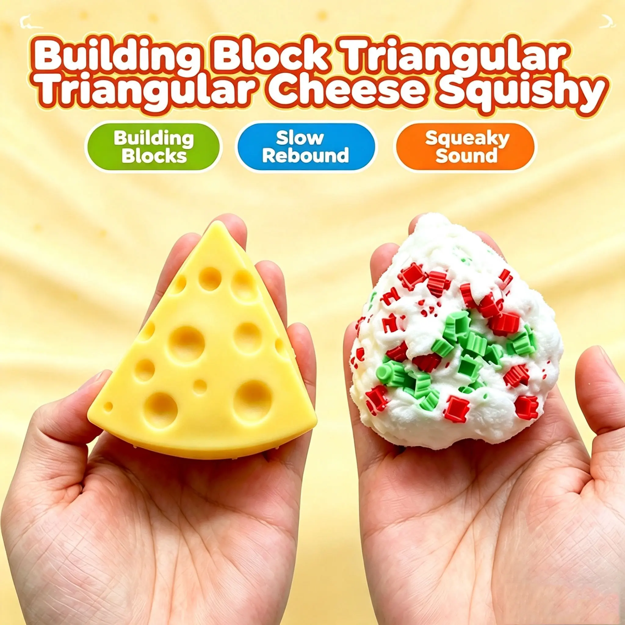 Triangular Cheese Building Block Squishy Fidget Toy, Cute Squeeze Stress Relief Decompression Toy, Filled Novelty Tactile Sensory Desk Toy for Kids Adults, Ideal Birthday Holiday Classroom Reward Gift