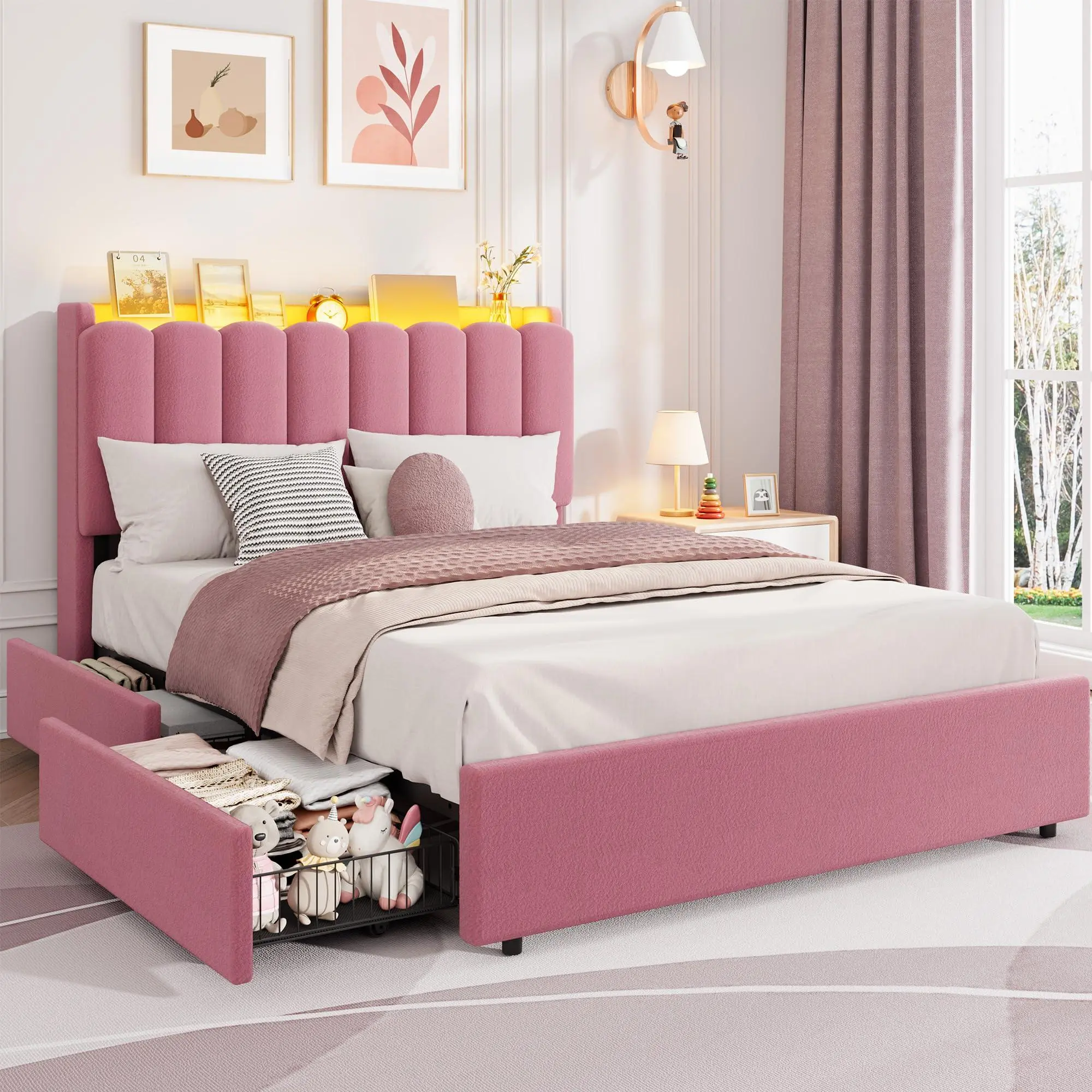 LED Full Size Bed Frame with Storage Headboard and 2 Drawers, Boucle Upholstered Platform with Wavy Bookcase for Girls No Box Spring, Dark Pink