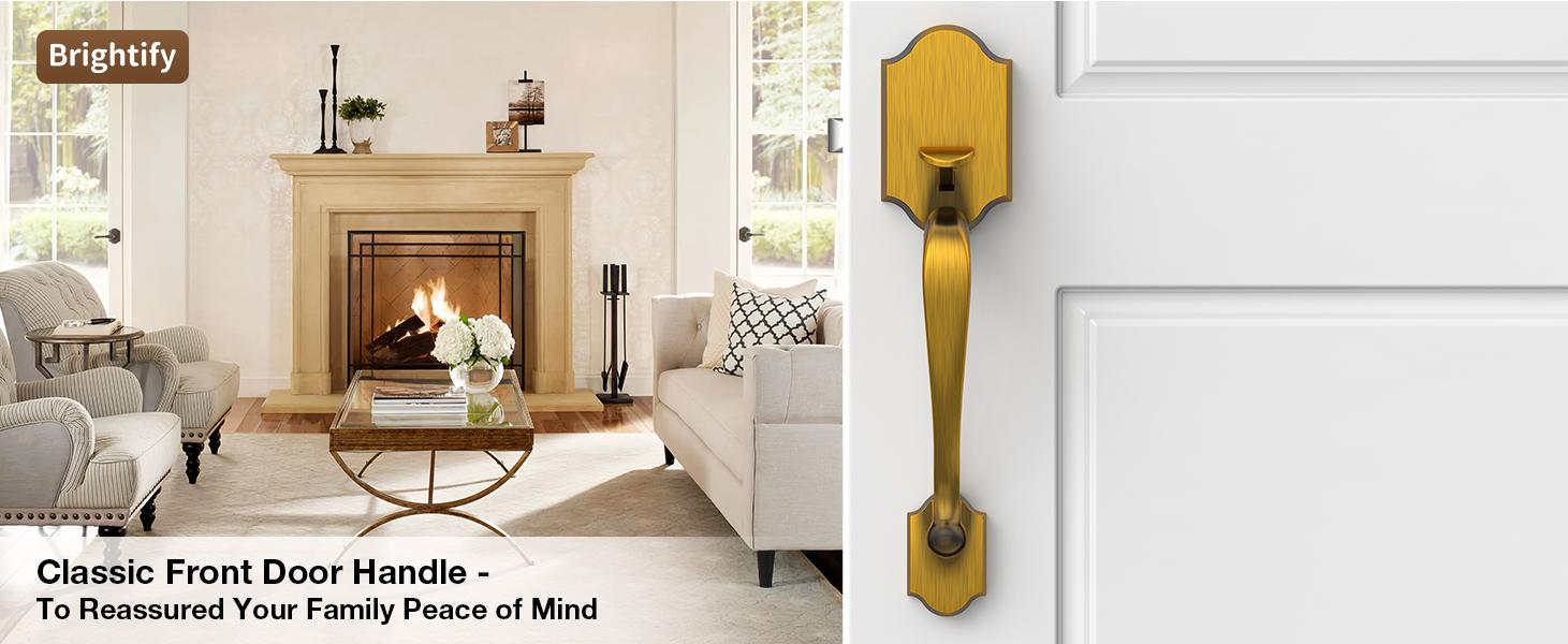 Brightify Antique Brass Front Door Handle No Lock, Classic Exterior Door Handle, Entry Door Handle Reversible for Left & Right Hand Doors